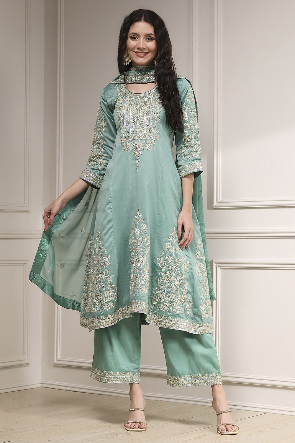 Off-White Cotton Silk Embroidered Kalidar Suit Set image number 6