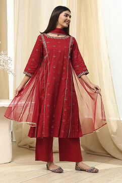 Red Cotton Foil Printed Kalidar Suit Set image number 5