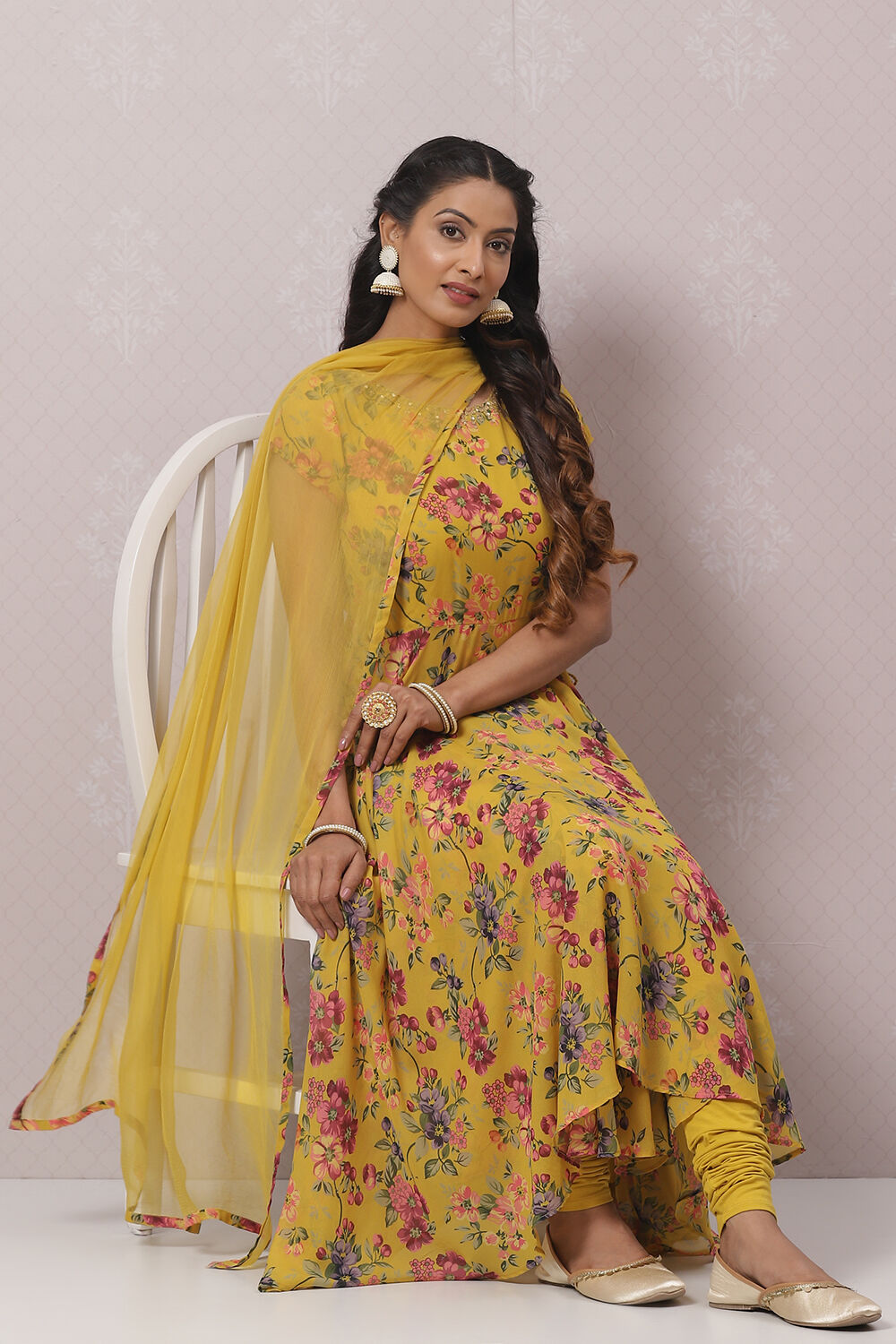 Mustard Cotton Asymmetric Kurta Churidar Suit Set image number 7