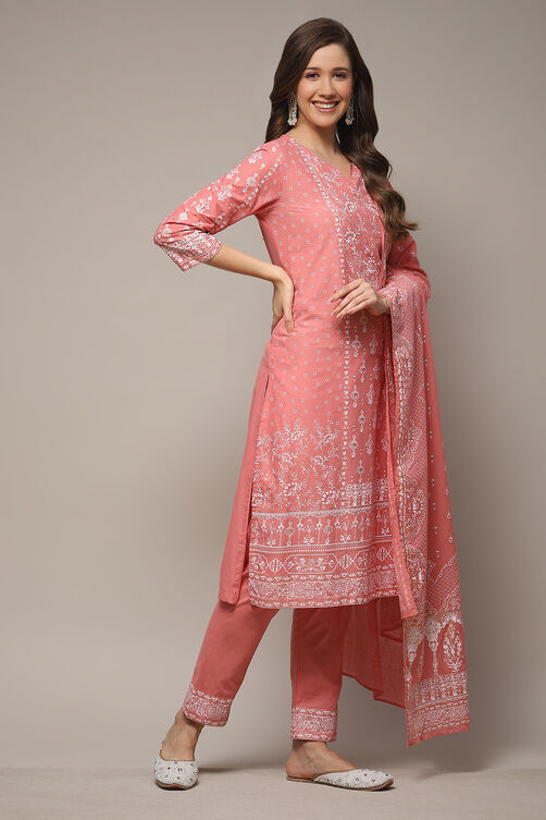 Light Coral Cotton Straight Kurta Pants Suit Set image number 4