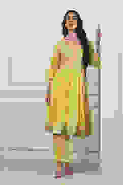 Yellow Cotton Anarkali Suit Set image number 0