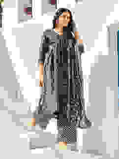 Navy Poly Cotton Layered Kurta Palazzo Suit Set image number 0