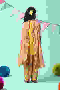 Yellow Poly Cotton A-Line Printed Kurta Dhoti Suit Set image number 4