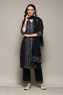 Black Cotton Straight Kurta Palazzo Suit Set image number 7