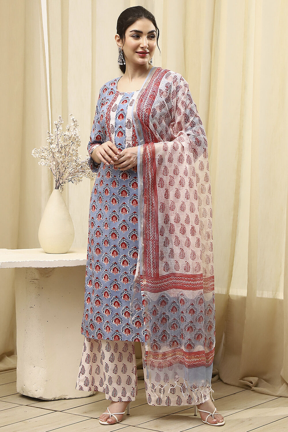 Slate Blue Cotton Hand Block Print Unstitched Suit Set image number 1