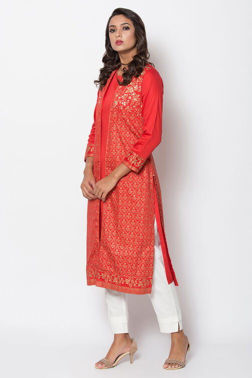 Red Cotton Front Open Printed Kurta image number 3