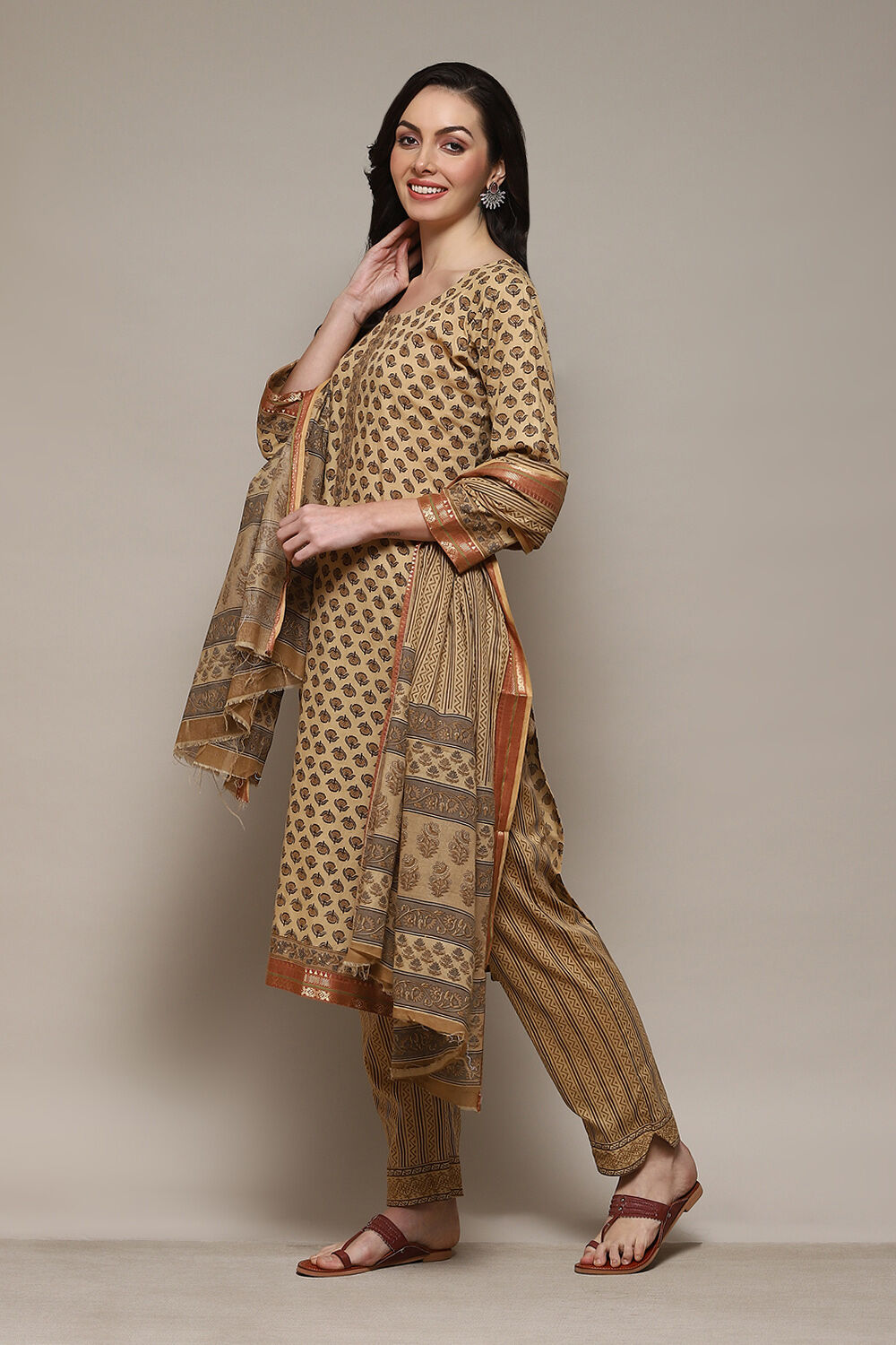 Coffee Brown Cotton Machine Embroidered Unstitched Suit Set image number 6