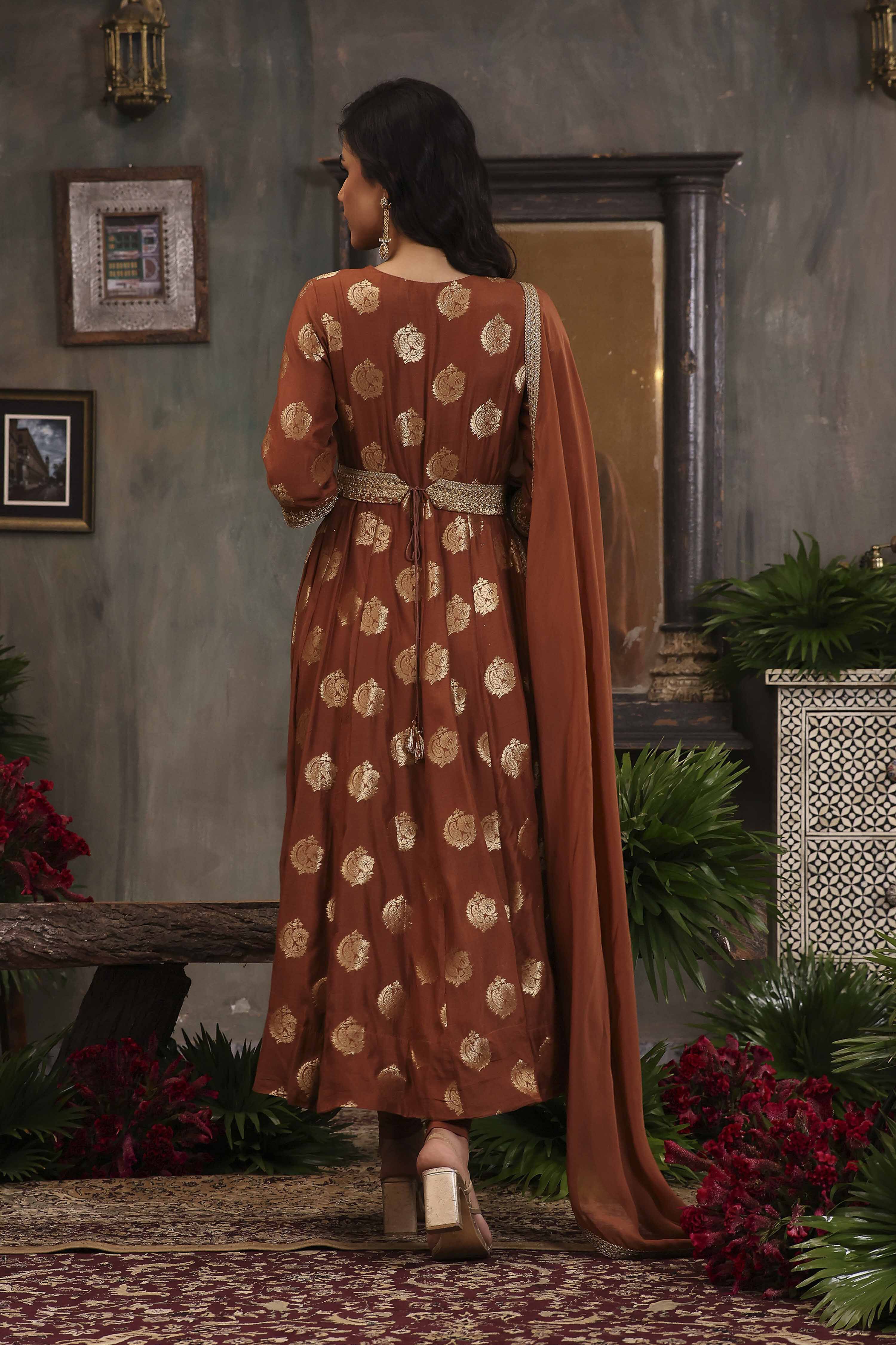 Brown Pure Banarasi Brocade Kalidar Suit Set image number 4
