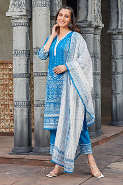 Blue Cotton Straight Suit Set image number 3