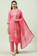 Pink Cotton Screen Print Unstitched Suit Set image number 0