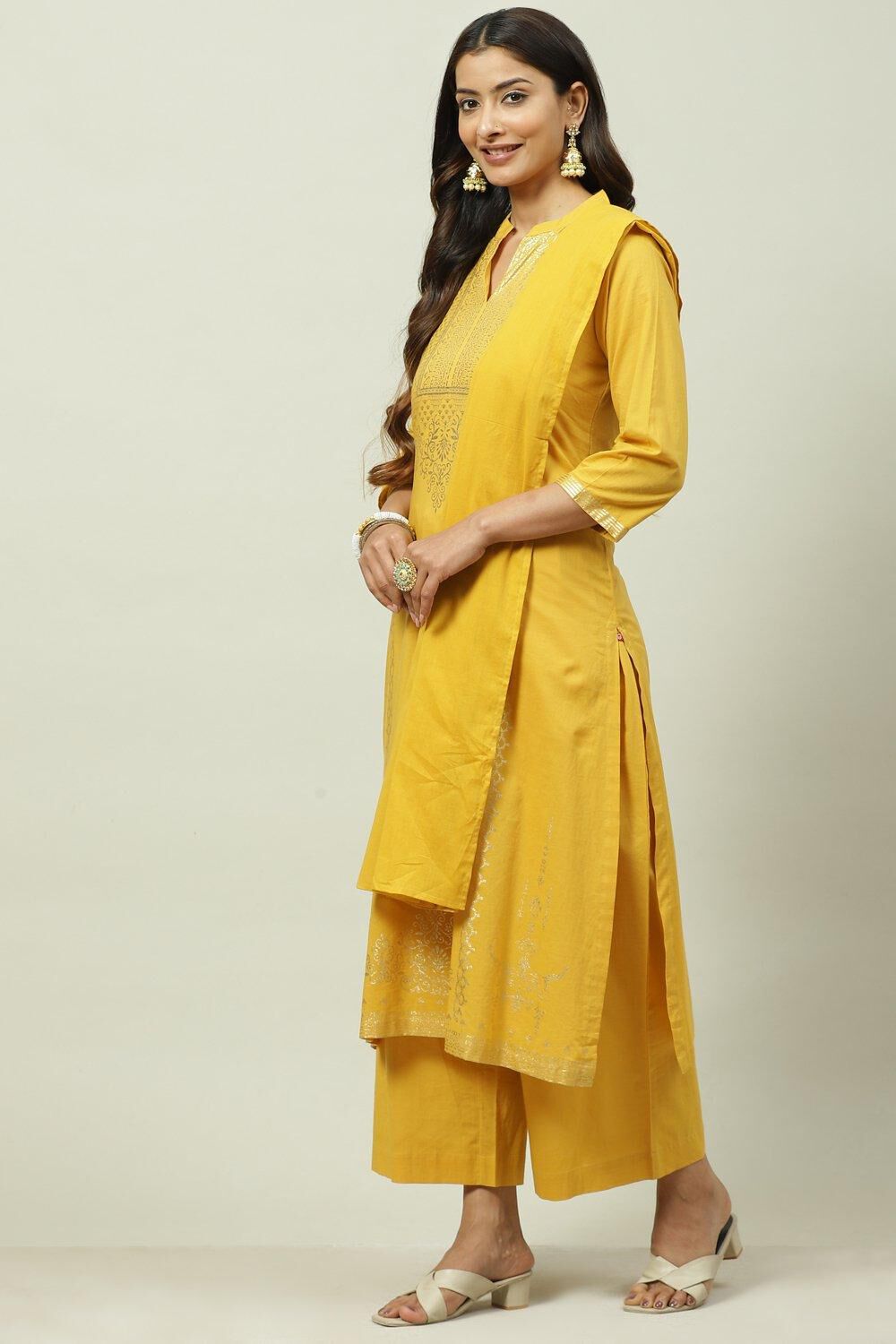 Navy Cotton Straight Kurta Palazzo Suit Set image number 5