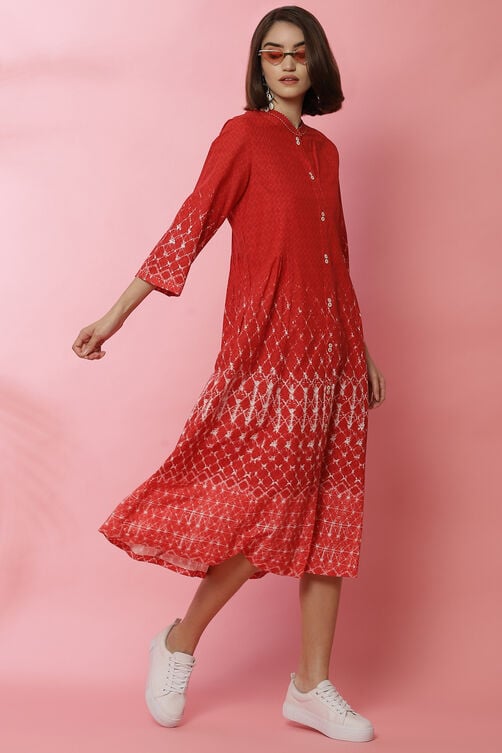 Red Rayon A-Line Printed Dress image number 0
