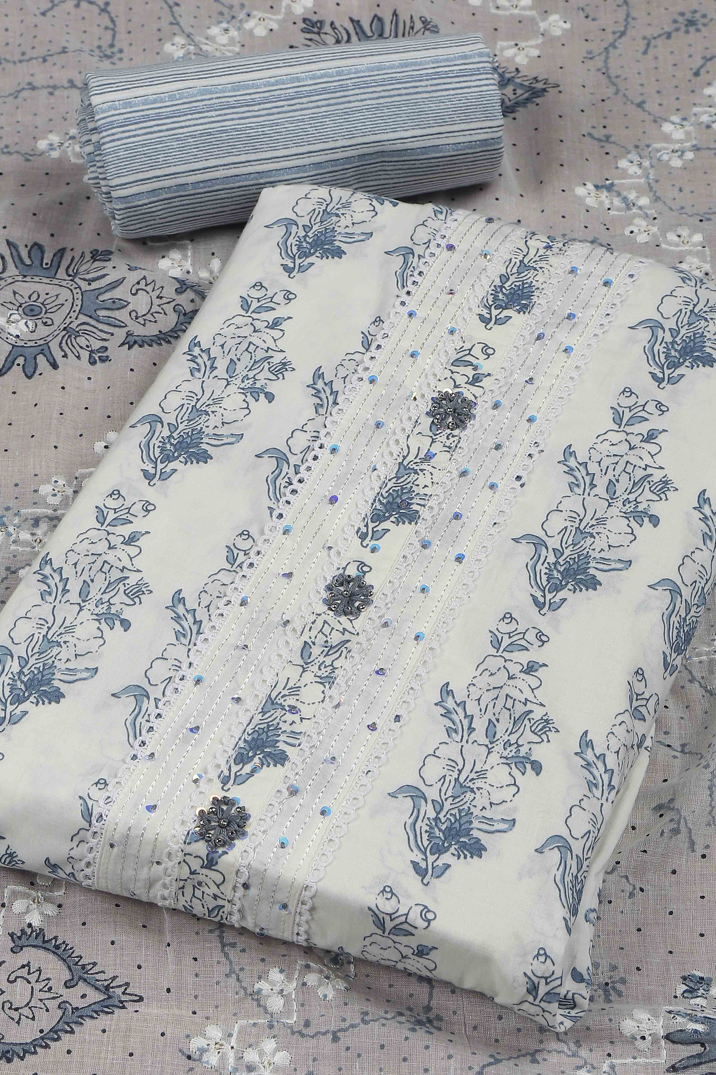 Blue Cotton Printed Embroidered Unstitched Suit Set image number 1