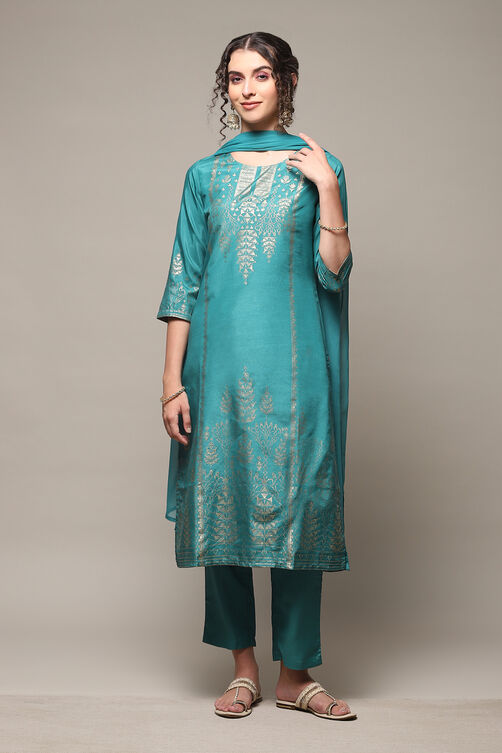 Teal Viscose Straight Kurta Regular Pants Suit Set image number 7