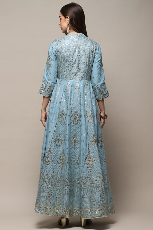 Pastel Blue Cotton Anarkali Kurta Sharara Suit Set image number 5