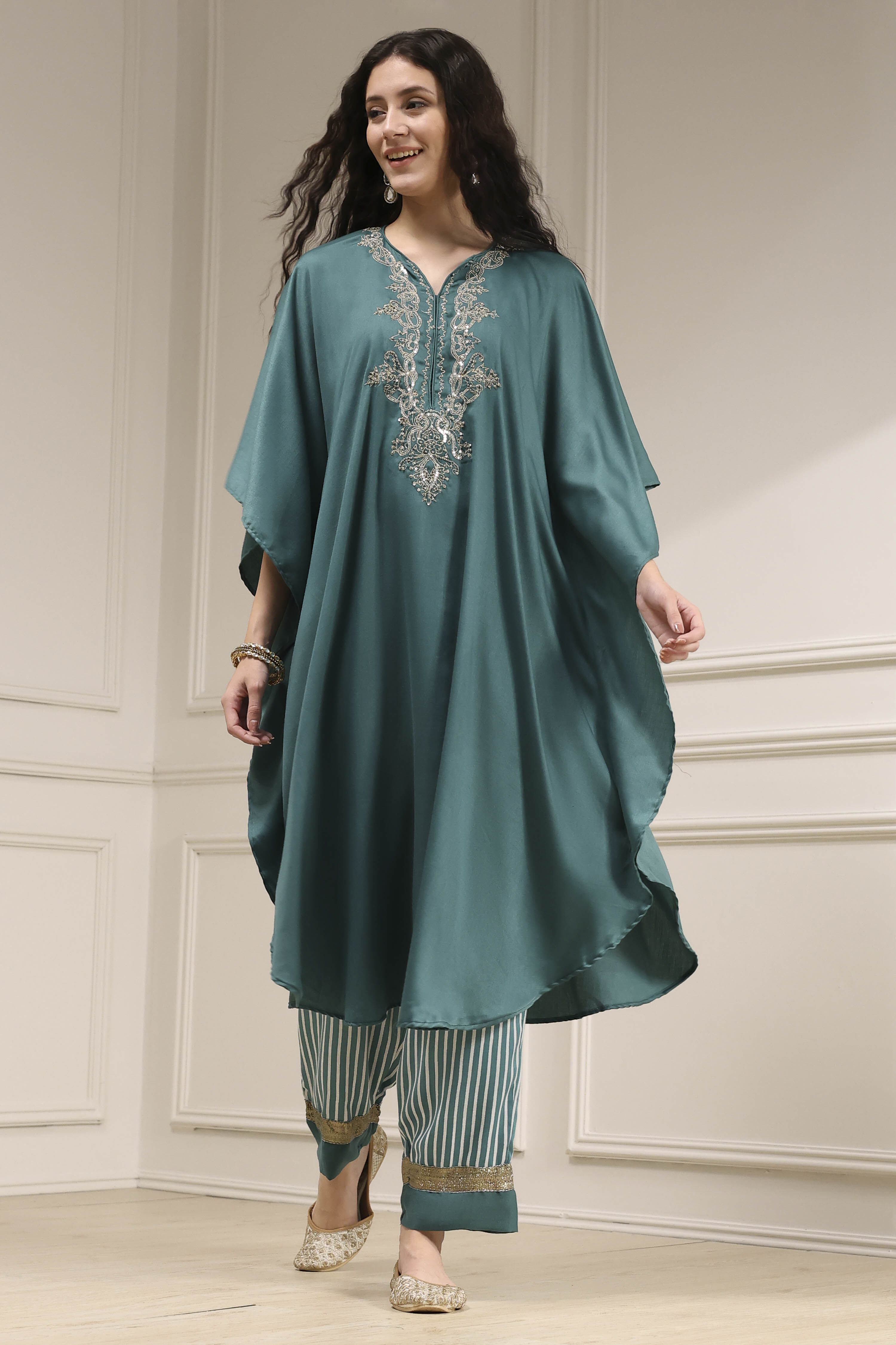 Sage Green Modal Solid Kaftan Fusion Kurta Set image number 5