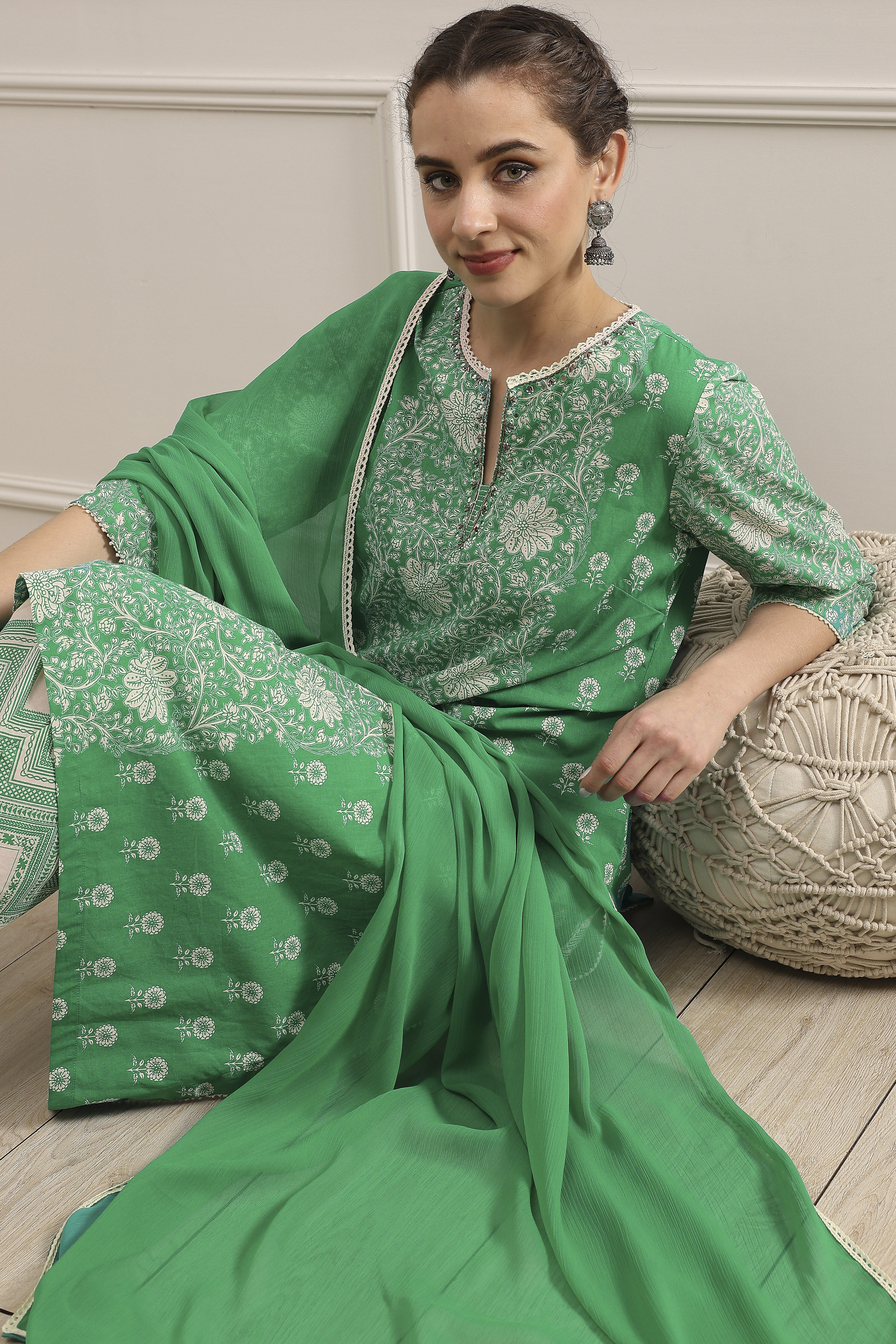 Sea Green Cotton Printed A-Line Suit Set image number 0