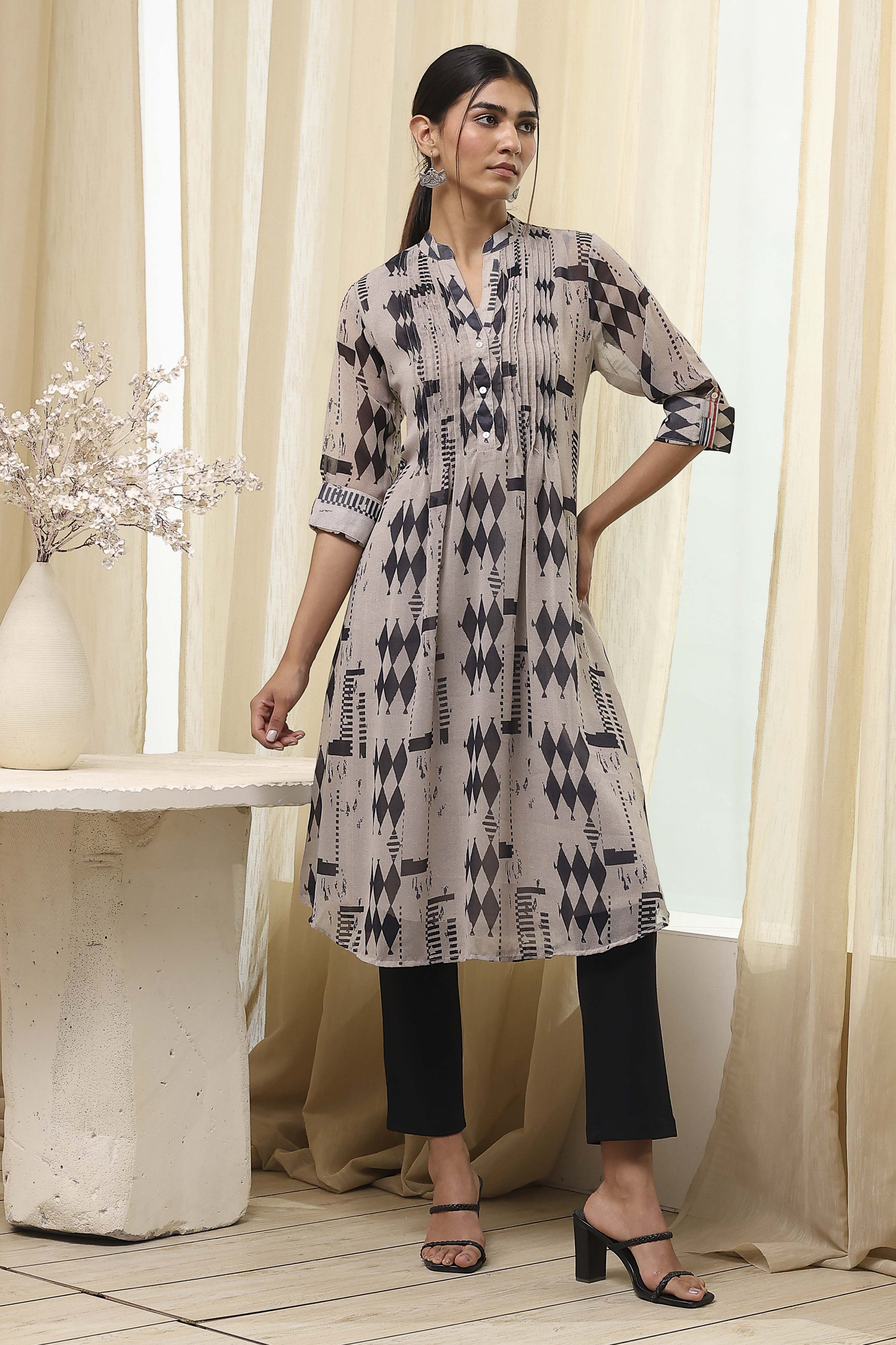 Grey Printed Pleated A-Line Kurta image number 0