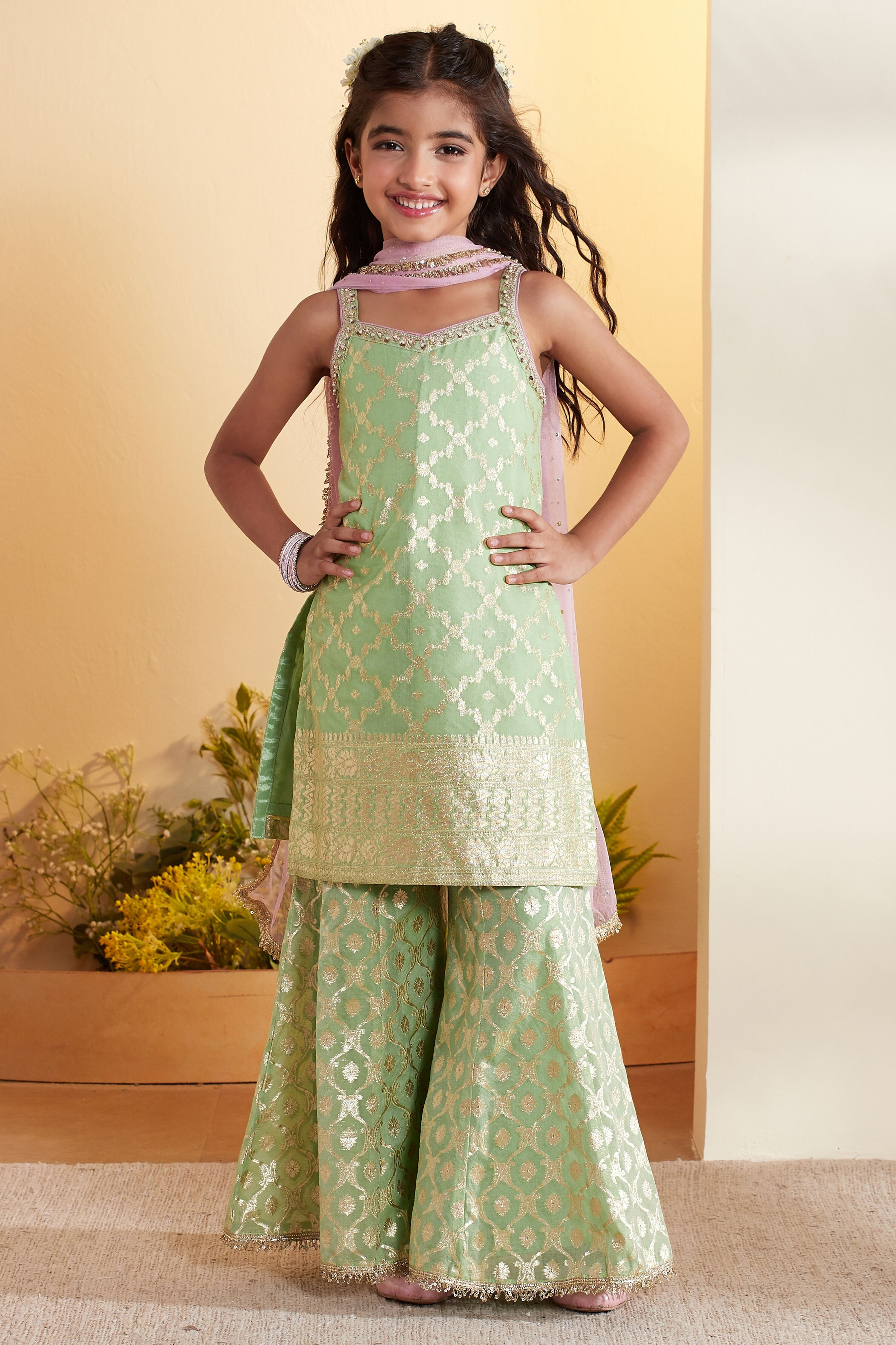 Sage Green Printed Sharara Kurta Set image number 0