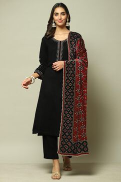 Black Cotton Straight Kurta Pant Suit Set image number 7