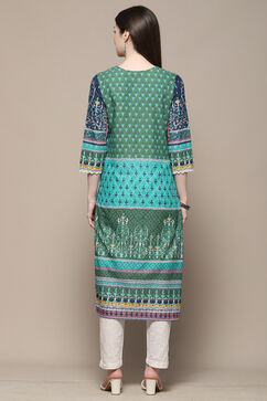 Teal Cotton Straight Kurta image number 3