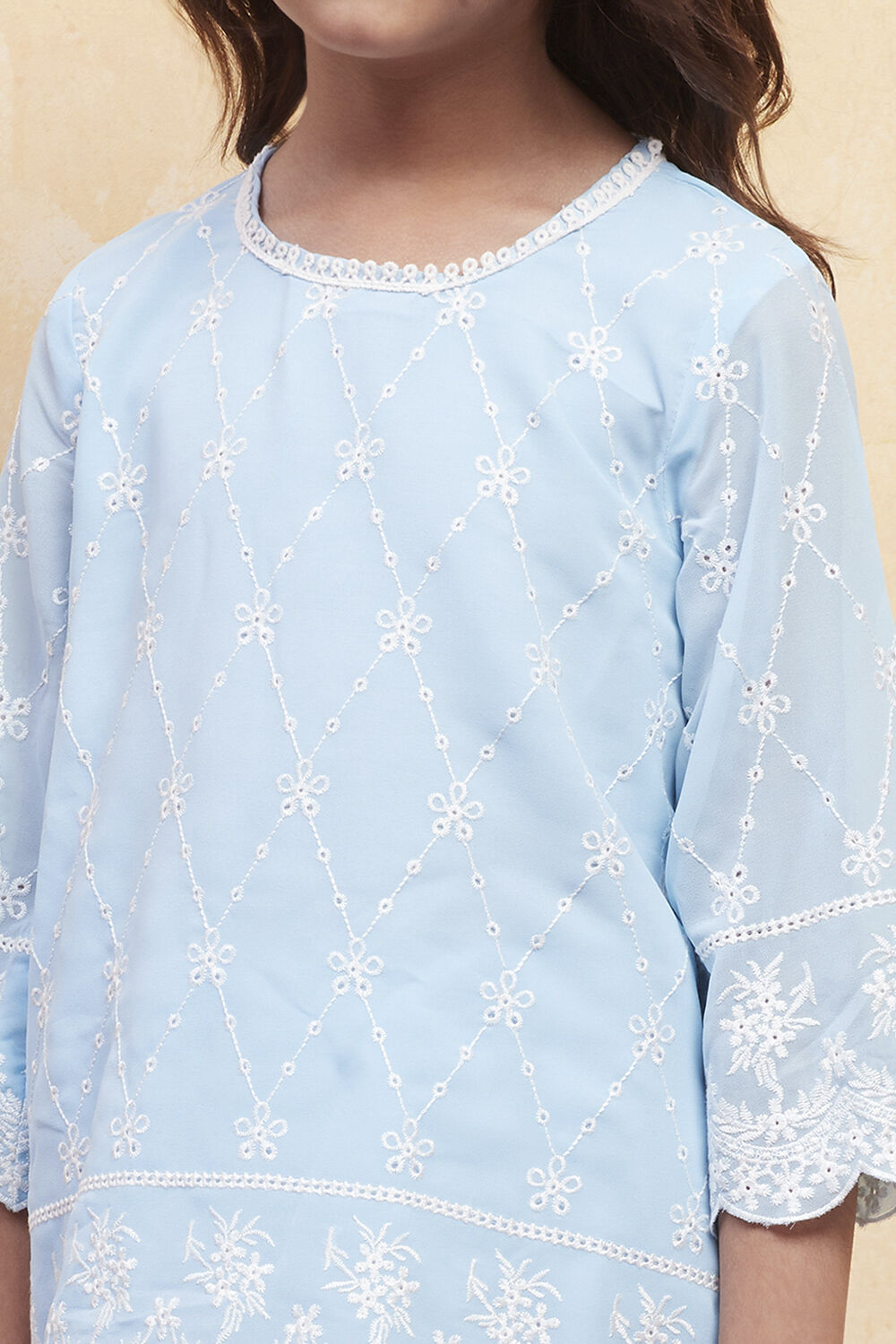 Powder Blue Cotton Embroidered Kurta Sharara Set image number 1