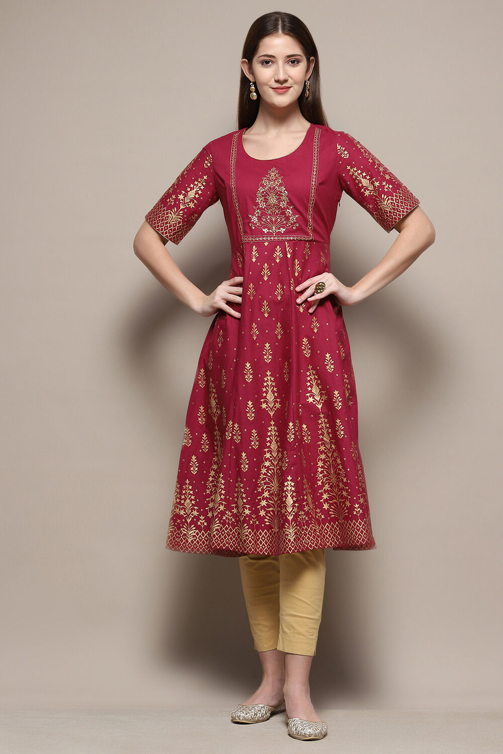 Wine Cotton Printed Short Kurti at Biba India