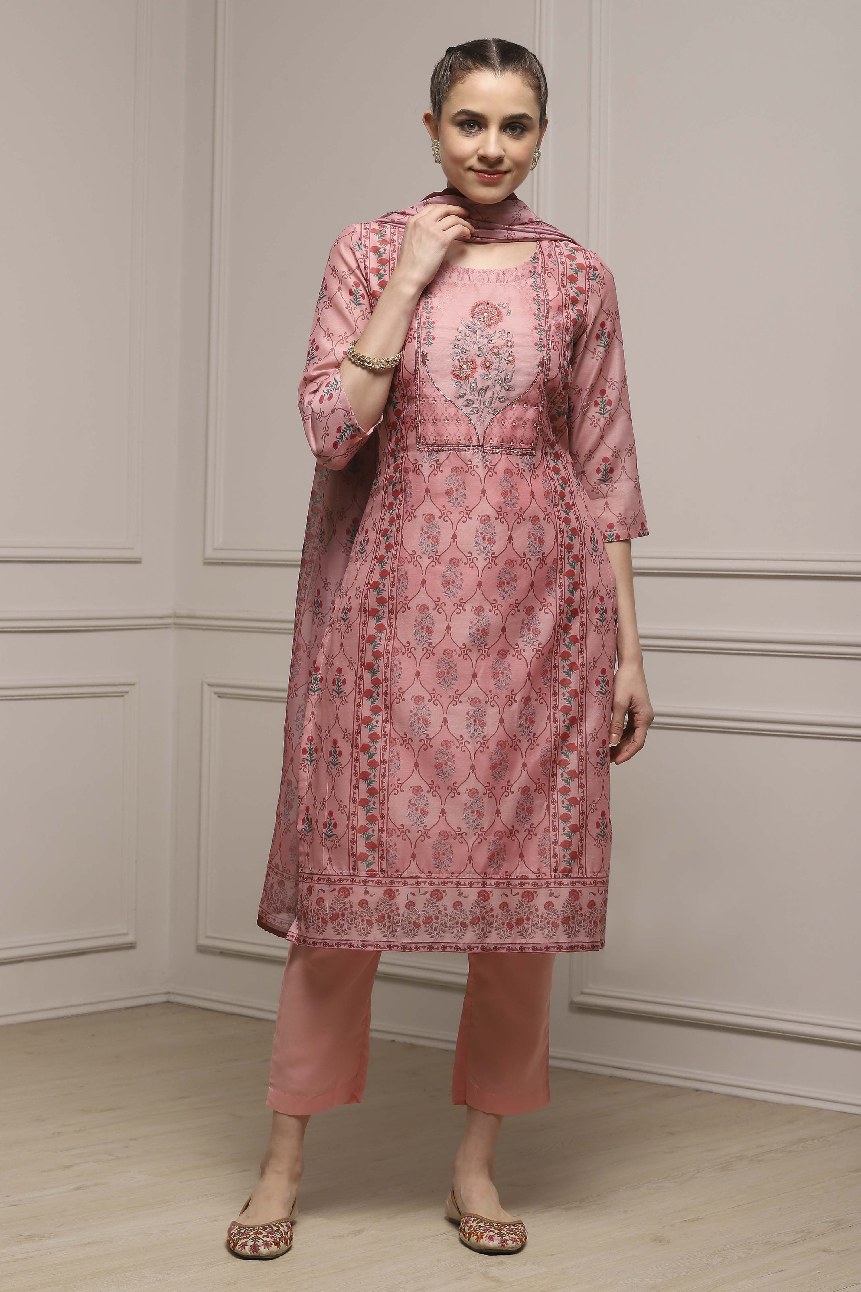 Pink Chanderi Blend Printed Embroidered Unstitched Suit Set image number 1