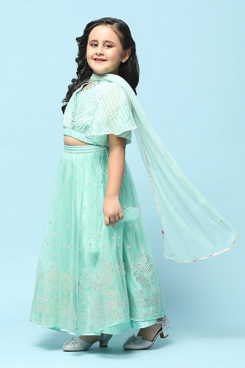 Mint Poly Viscose Short Kurta Lehenga Suit Set image number 4