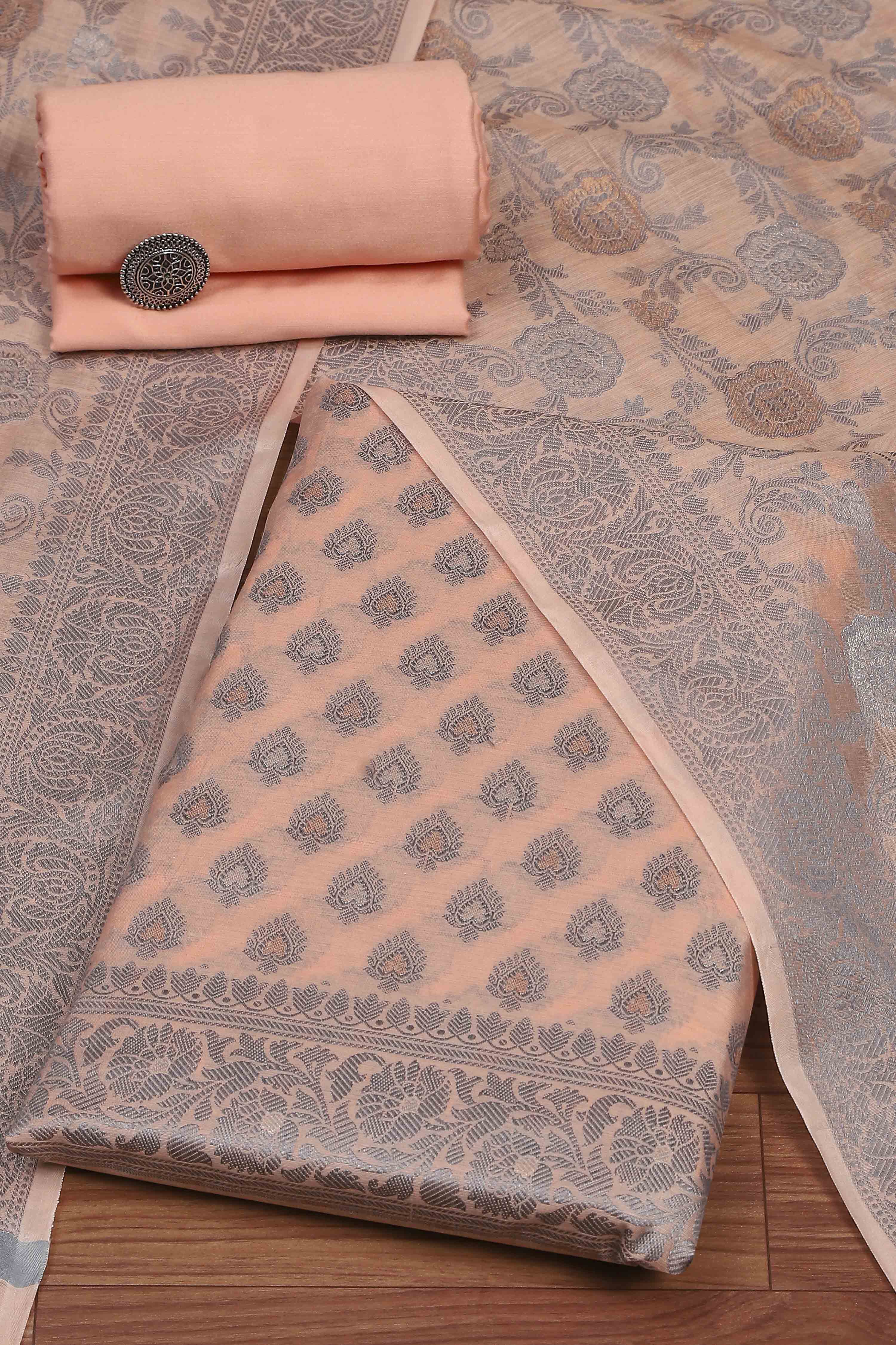 Beige Cotton Printed Embroidered Unstitched Suit Set image number 0