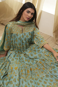 Sage Green Cotton Floral Tiered Suit Set image number 6