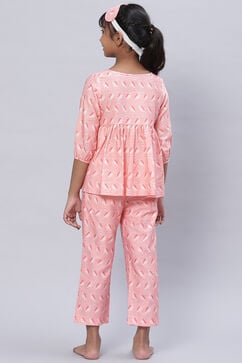 Blush Pink Straight Cotton Three Piece Printed Sleepwear Set image number 4