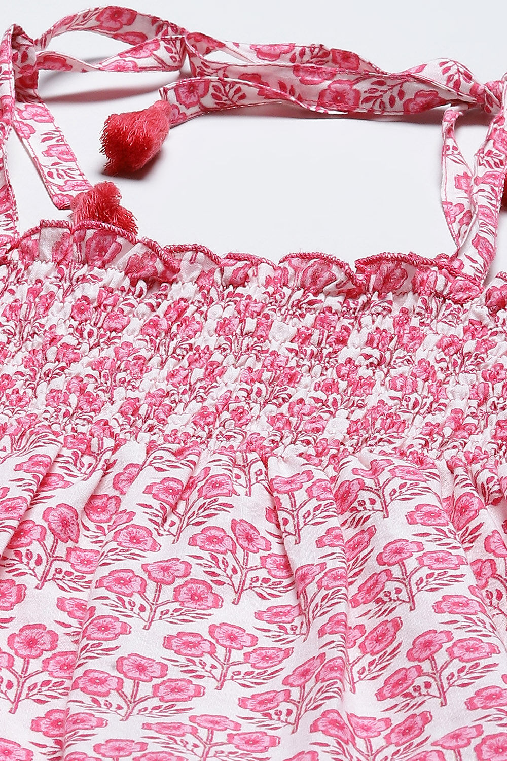 Off White Pink Cotton Smocking Printed Top image number 1