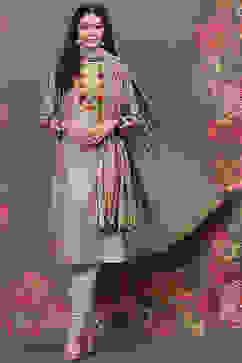 Rohit Bal Beige Silk & Cotton Flared Kurta Suit Set image number 0