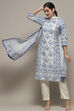 Off-White and Blue Cotton Floral Straight Suit Set