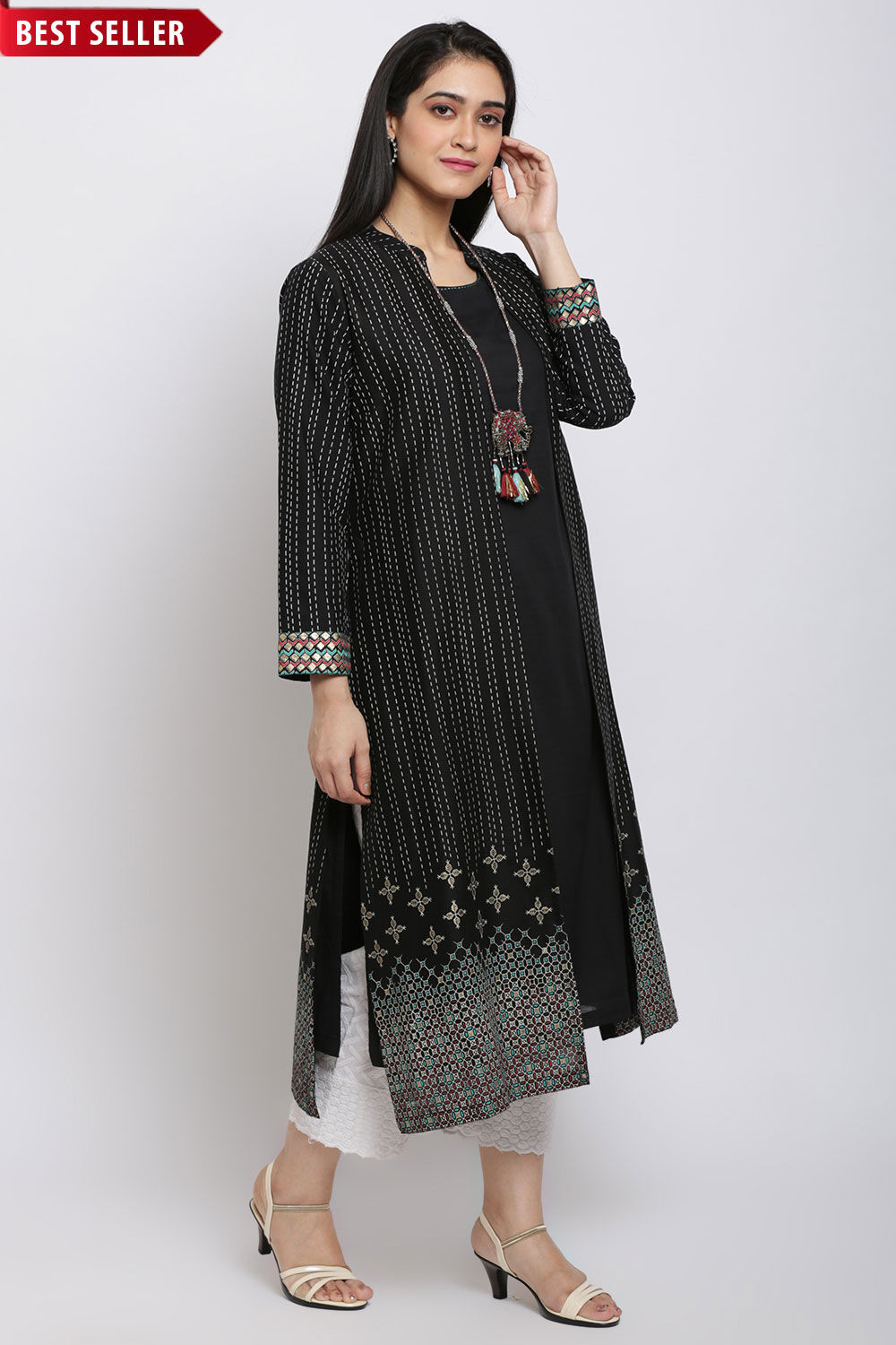 Black Cotton Flax Straight Printed Kurta Jacket Inner at Biba Global