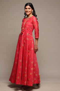 Pink Cotton Blend Flared Printed Dress image number 2