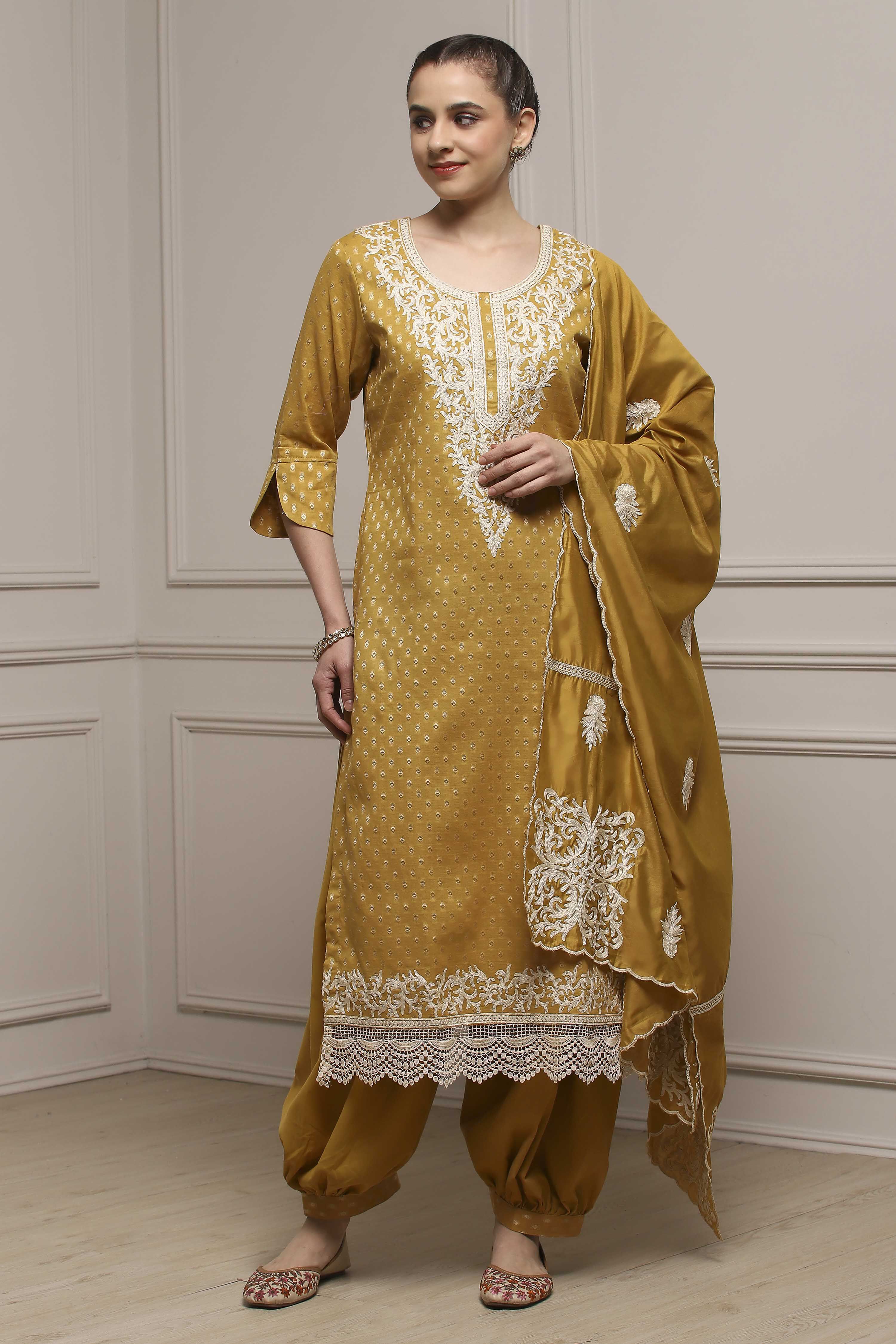 Peach Cotton Blend Thread Embroidered Unstitched Suit Set image number 1