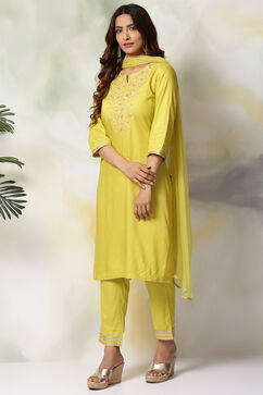 Lime Green Rayon Straight Kurta Regular Pant Suit Set image number 2