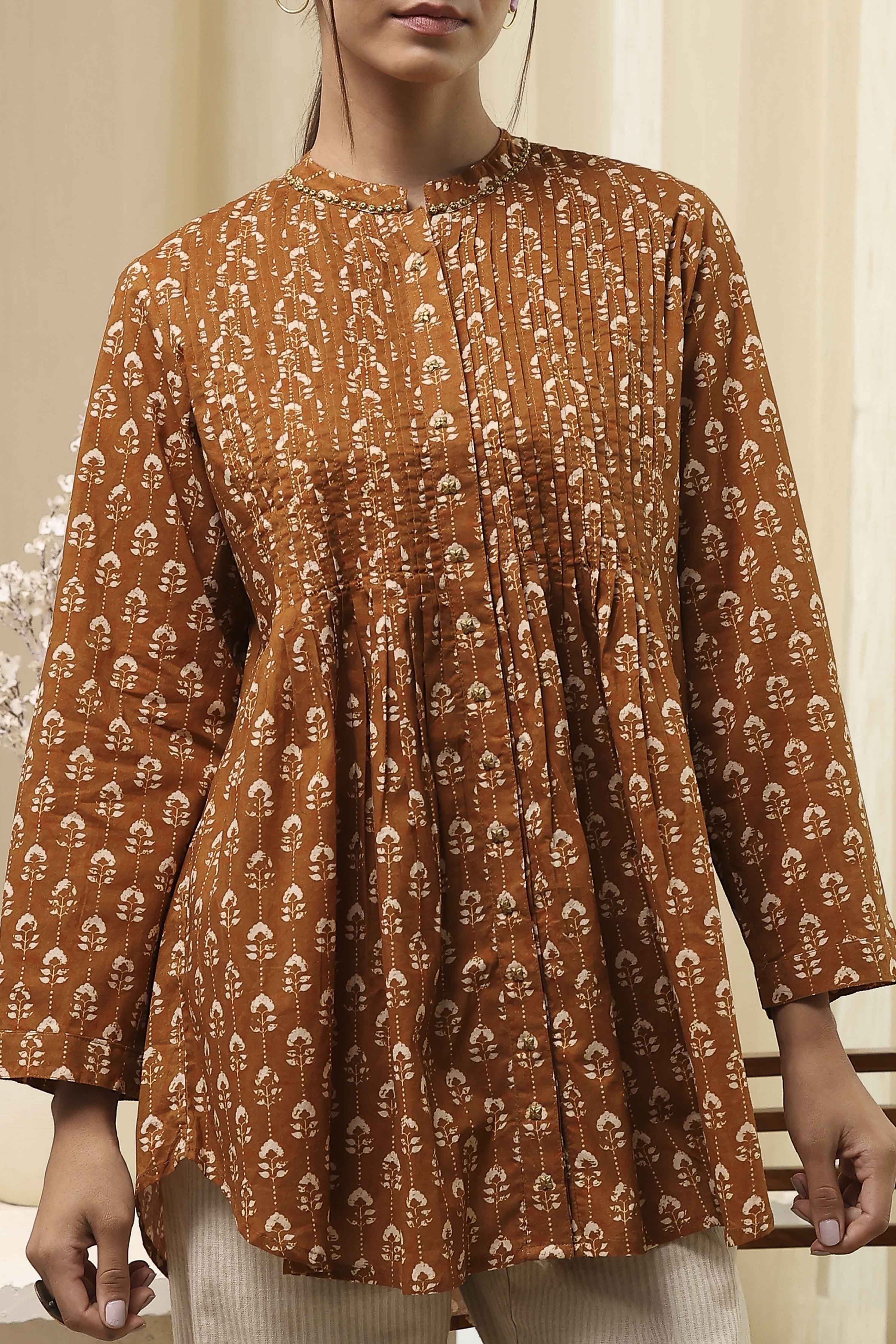 Mustard Brown Cotton Printed Shirt image number 1