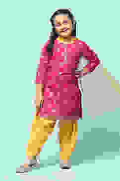 Fuchsia Cotton Straight Printed Kurta Patiala Salwar Suit Set image number 7