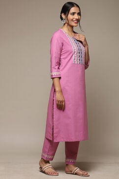 Pink Cotton Straight Kurta Pants Suit Set image number 5