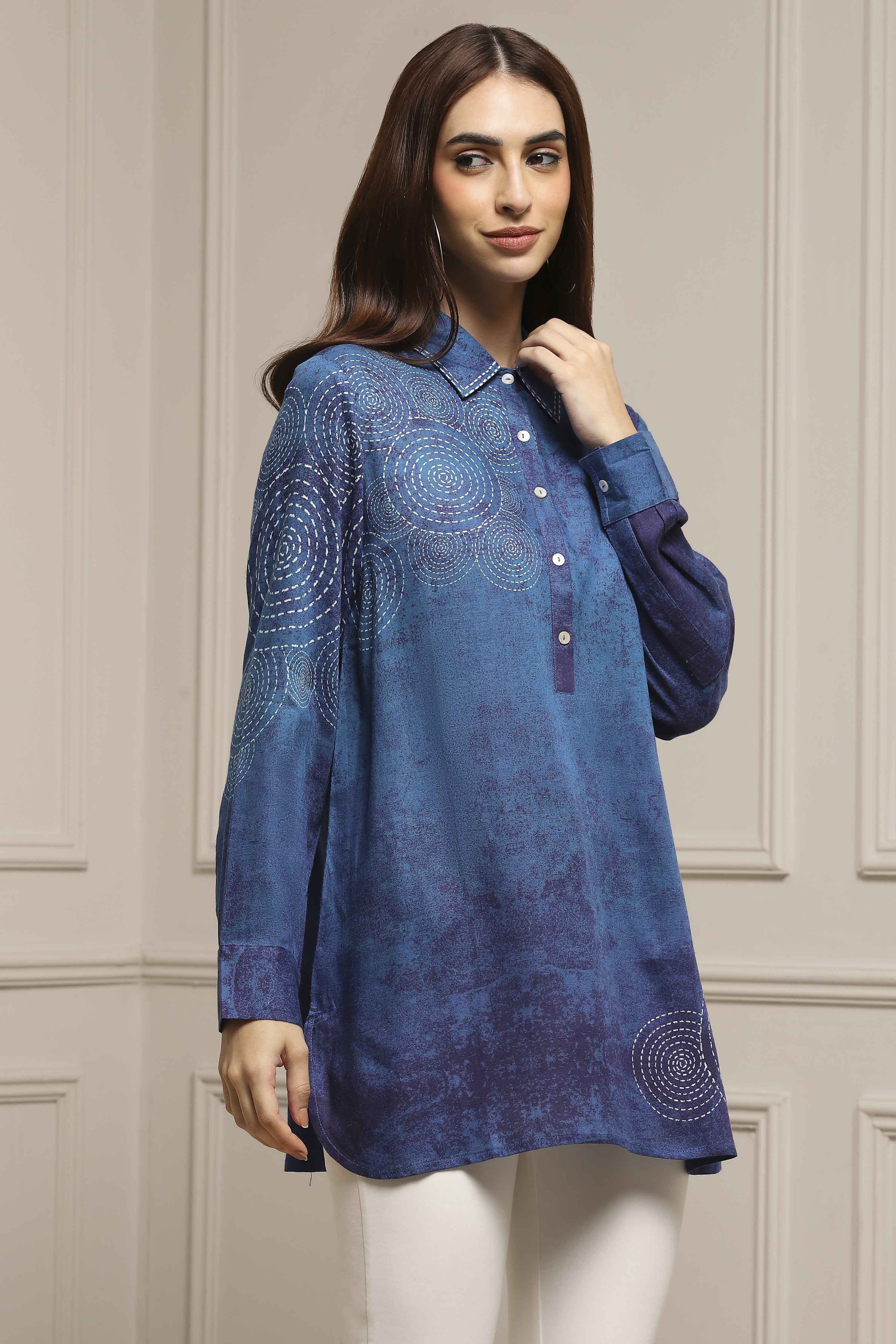 Blue Viscose Rayon A-Line Printed Top image number 4