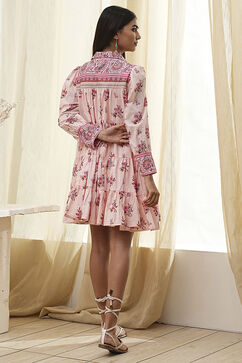 Peach-Colored Cotton  Floral Tiered Dress image number 3
