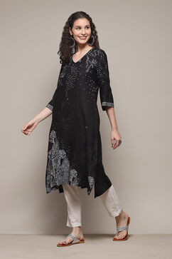 Black LIVA Straight Printed Kurta image number 5