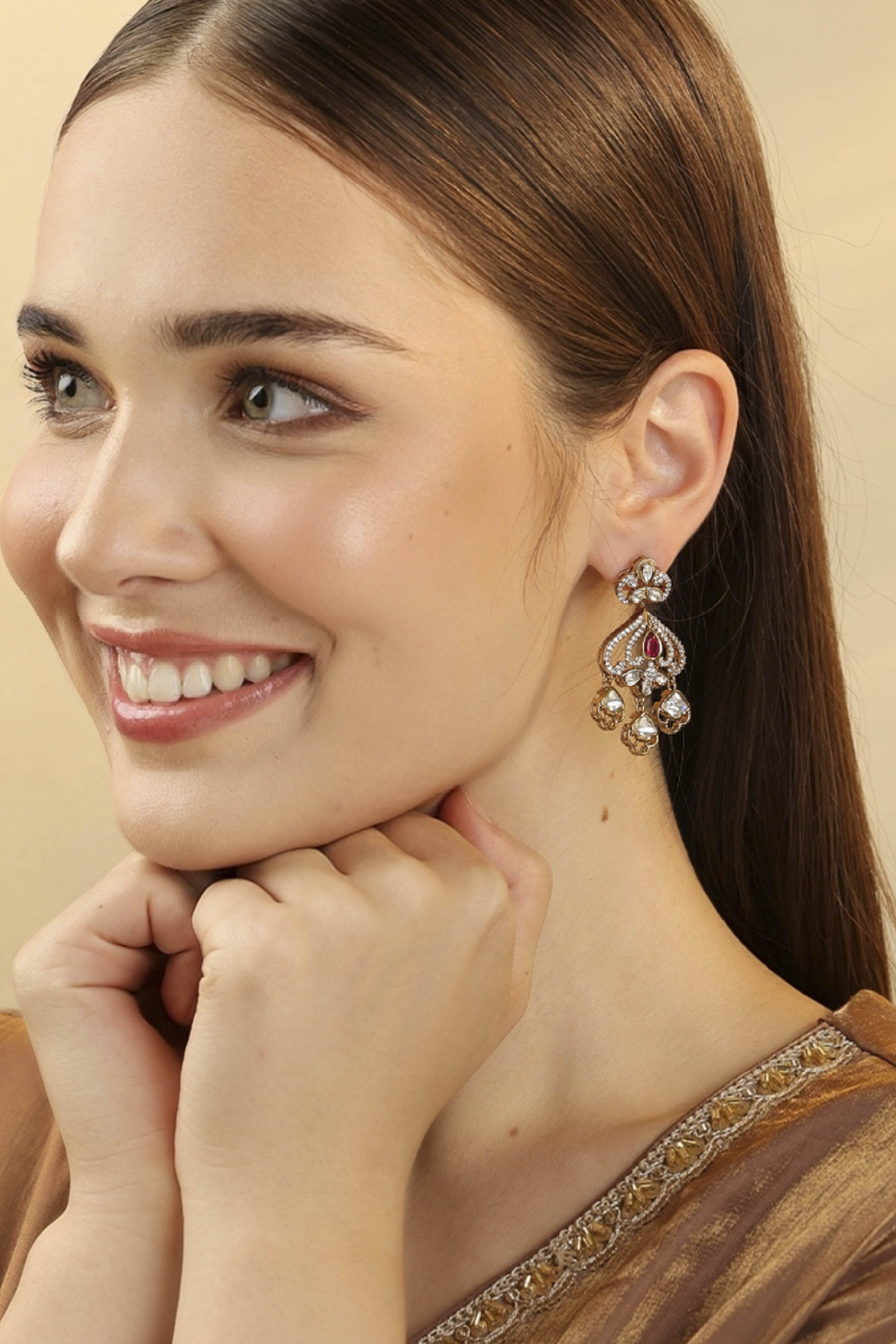 Pink Gold-Plated Brass Studded Drop Earrings image number 3
