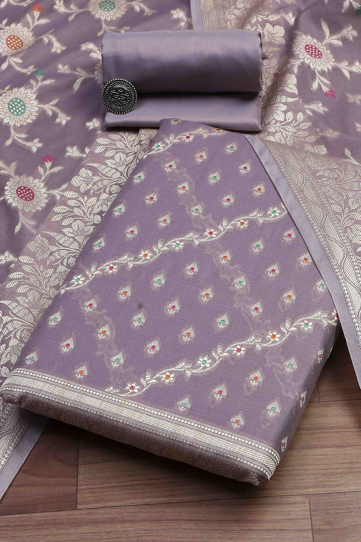 Lavender Cotton Printed Embroidered Unstitched Suit Set