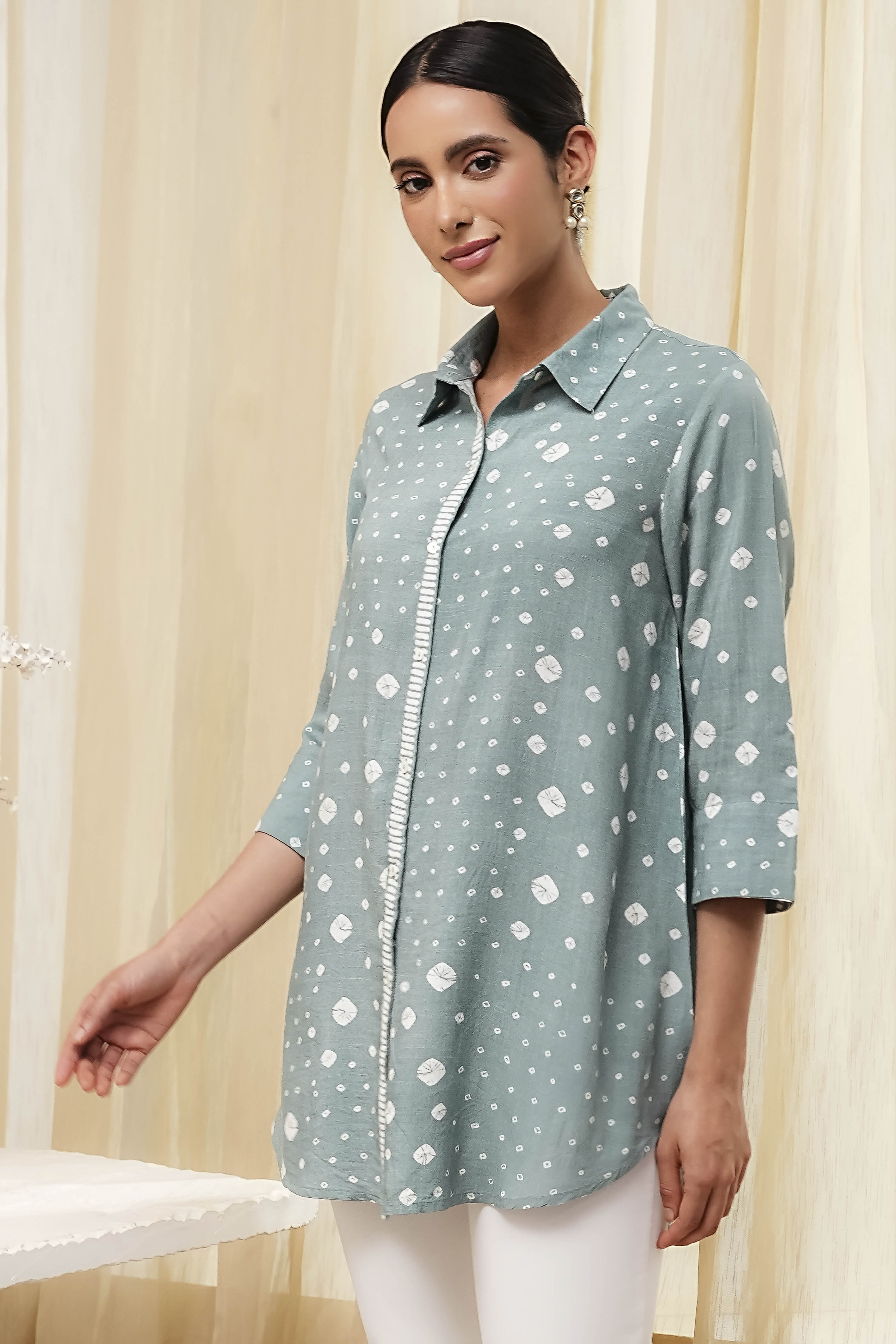Blue Printed High-Low Short Kurta image number 2