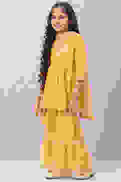 Mustard Yellow Nylon Gathered Kurta Sharara Suit Set image number 5