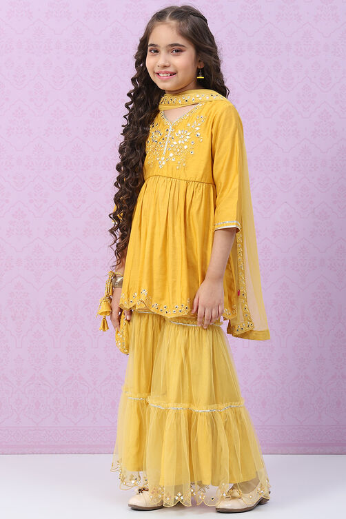 Mustard Yellow Nylon Gathered Kurta Sharara Suit Set image number 5